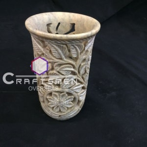 5&quot; Soapstone Glass/Pen Stand/Pen Holder Hand Carved Grill Work Study Table Decor Gifts for Christmas