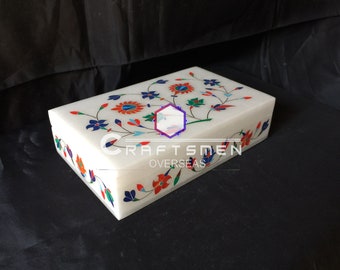 8"x5"x2" Marble White Jewelry Box Lapis Malachite Floral Marquetry Inlay Elephant Hand Carved Special Gifts