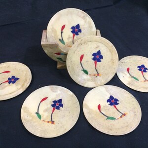 Tea coaster ,coaster set, soapstone coaster, hand made coaster, Home Decorative Table Decor Inlay Coaster Set with Holder