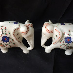 Decorative Pair of Marble Elephant Figurine Marble Inlay Stone Elephant Statue Elephant Sculpture for Home Décor with Semi Precious Stones