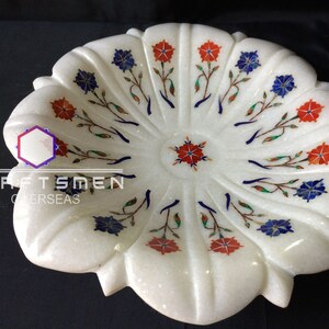 9 inches Marble stone inlay petal, fruit bowl, flower floater bowl, lotus bowl, hand carved bowl | CraftsmenMarbleStore