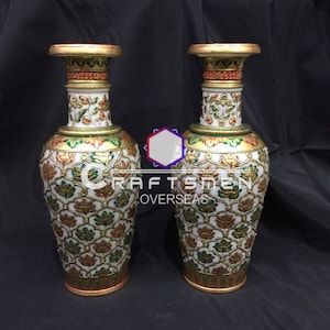 12&quot; inch Pair OF Marble White Flower Vases Pots Golden Foil work Art Interior Home & Garden Decors SET of 2 piece fine work