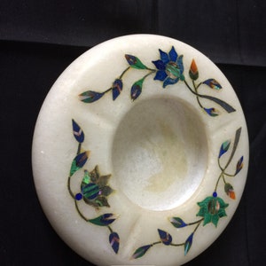 Marble Inlay Ashtray Pietra Dura Semi Precious Stone Handmade Art Craft