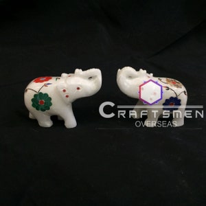 Decorative Pair of Marble Elephant Figurine Marble Inlay Stone Elephant Statue Elephant Sculpture for Home Décor with Semi Precious Stones