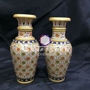 6&quot; inch Pair OF Marble White Flower Vases Pots Golden Hand Painted Art Interior Home & Garden Decors SET of 2 piece fine work