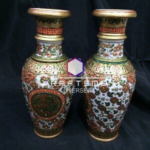 12&quot; inch Pair OF Marble White Flower Vases Pots Golden Foil work Art Interior Home & Garden Decors SET of 2 piece fine work