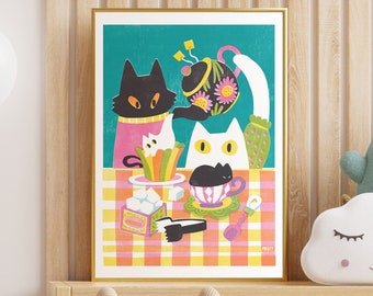 Cat Tea Party Art Print | Whimsical Kitten Nursery Decor