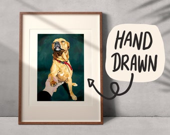 Custom Hand Drawn Colour Pet Portrait of Cats or Dogs | Digital Download Painting