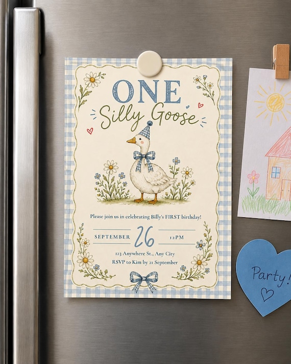 ONE Silly Goose First Birthday Invitation Template | Editable 5x7 Invite | Instant Download | Canva Template