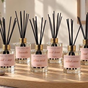 May include: Six clear glass reed diffusers with gold-toned collars and black reeds. Each bottle features a light pink label with text including salt + sage, limonella, citrus verde, noël house, salted crème, and oud noir, all branded with bubbles.