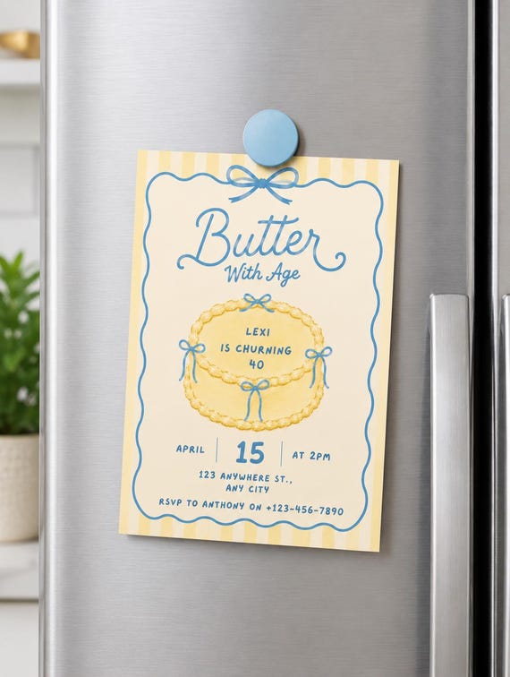 Butter With Age Birthday Invitation Template | Retro Cake Design (Editable 5x7 Digital Download)