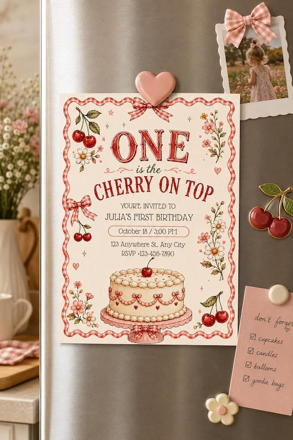 Cherry First Birthday Invitation | Vintage Gingham, Floral, Cake (Editable 5x7 Digital Download)