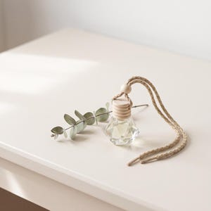May include: A clear, diamond-shaped glass bottle with a light-colored wooden cap and a braided beige cord for hanging. The bottle contains a liquid and is accompanied by a small sprig of green eucalyptus leaves with several rounded foliage segments.