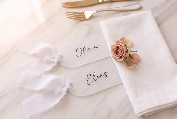 Personalised Acrylic Place Cards with Ribbon | Wedding Guest Name Tags (Custom Table Settings)