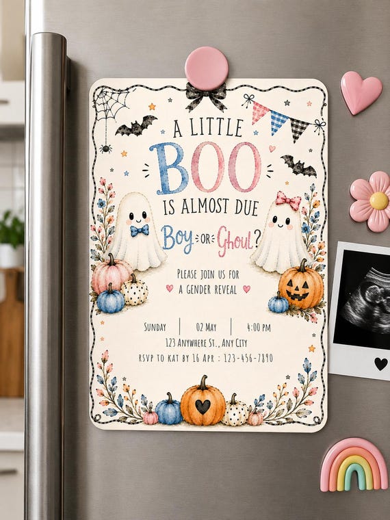 A Little BOO Gender Reveal Invitation Template | Editable 5x7 Halloween Invite | Instant Download | Canva Template