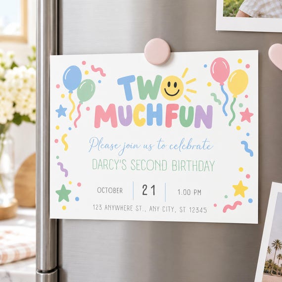 Pastel Rainbow 2nd Birthday Invitation Template, Two Much Fun, Editable Canva Invite (Digital Download)