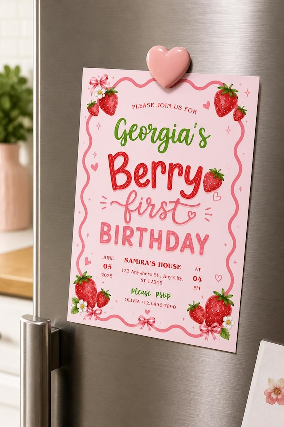 Strawberry Berry First Birthday Invitation | Watercolour Floral Editable Invite (Digital Download)