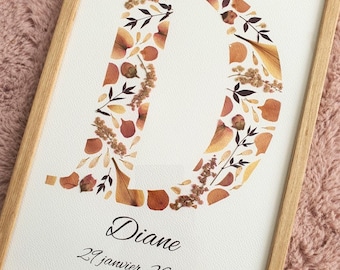 Initiale de fleurs pressées personnalisable encadrée - herbier lettre sur mesure