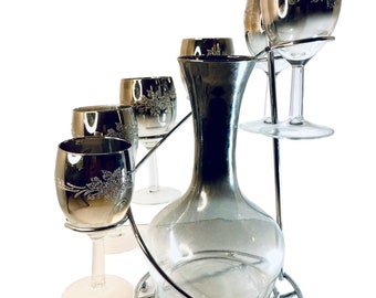 Silver Fade Wine Server 6 Glasses & Carafe w/Spiral Caddy MCM