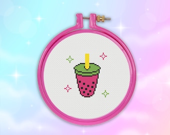Kawaii Japońska Bubble Tea Boba Słodki Napój Uroczy Wzór Haftu Krzyżykowego