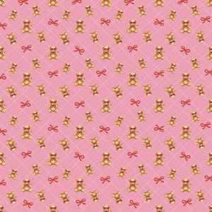 May include: A repeating pattern of teddy bears wearing sunglasses and red bows on a pink background. The teddy bears are light brown with red sunglasses. The bows are red, and the background has a subtle grid pattern.