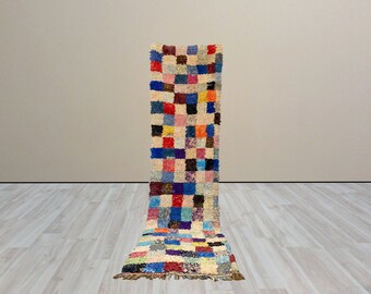 Multi colored squares corridor rug, Moroccan Berber runner  boucherouite rug, hallway Berber rug vintage.