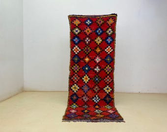 Moroccan Boucherouite Runner Rug, Colorful Boho Design (7.7 x 2.9 ft)