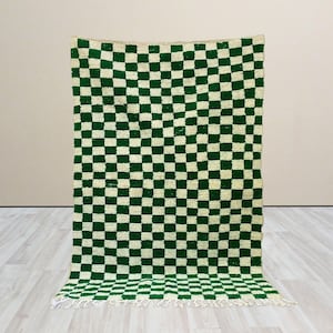 White and green checkered Area Rug, Berber handmade wool rug.