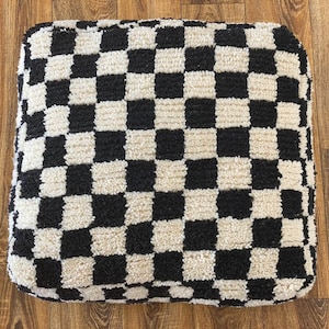 Floor Cushion Pouf: Handmade Black and White Wool - Berber Kilim Design