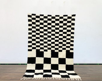 Moroccan Berber Checkered rug, Black  and White Moroccan handmade rug.