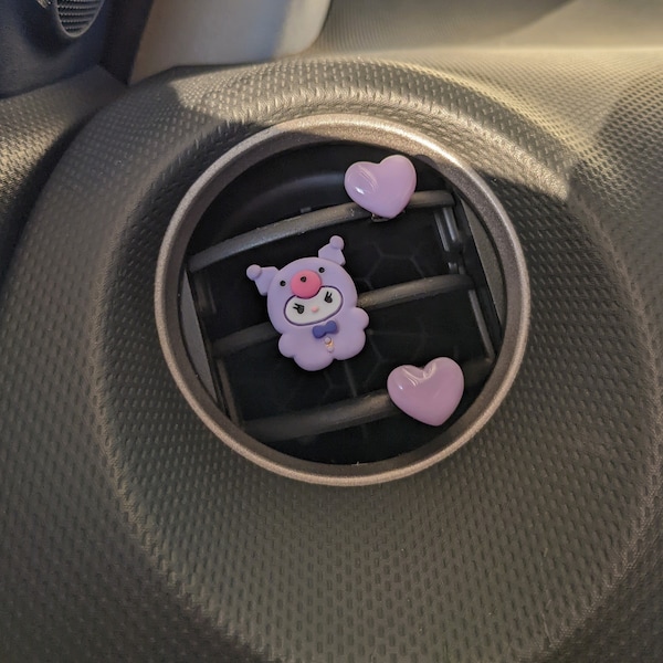 4pcs Cute Anime Cartoon Purple Emo Kitty Teddy Bear Car Air Vent Clips w/ Purple Resin Hearts - Custom Kawaii Car Accessories
