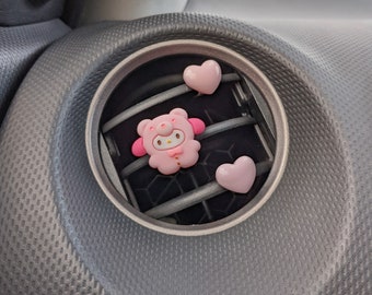 4pcs Cute Anime Cartoon Pink Bunny Teddy Bear Car Air Vent Clips w/ Pink Resin Hearts - Custom Kawaii Car Accessories