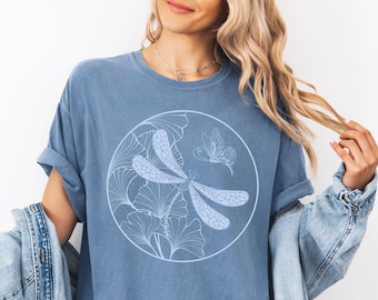 Dragonfly Butterfly Ginko Comfort Colors® T-Shirt, Boho Tees, Monotone Shirts, Cottagecore TShirt, Nature Lover Gifts