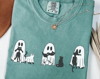 Ghost Cat Shirt Comfort Colors® Cute Cat Halloween Shirt Halloween Spooky Season Tee Gift For Cat Lovers Black Cat TShirt Funny Cat Shirt