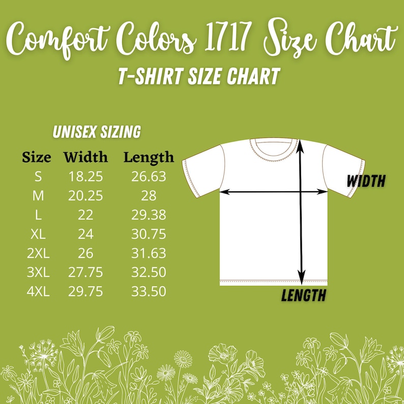 Puede incluir: Tabla de tallas de camiseta unisex con medidas en pulgadas para las tallas S a 4XL. La tabla muestra el ancho y la longitud de cada talla.