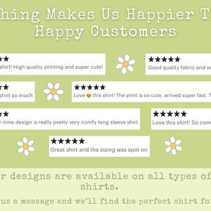 Pu&ograve; includere: Una grafica verde chiaro con il testo "Nothing Makes Us Happier Than Happy Customers". Sono presenti recensioni dei clienti con valutazioni a cinque stelle e illustrazioni di margherite. Il testo indica che i design sono disponibili su tutti i tipi di magliette.