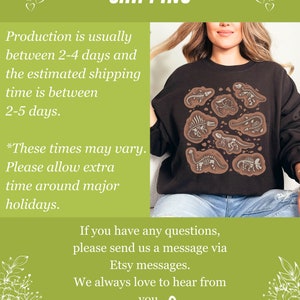 May include: A dark brown sweatshirt with a design of dinosaur fossils in light brown. The word "SHIPPING" is at the top of the image. The sweatshirt is worn by a person.