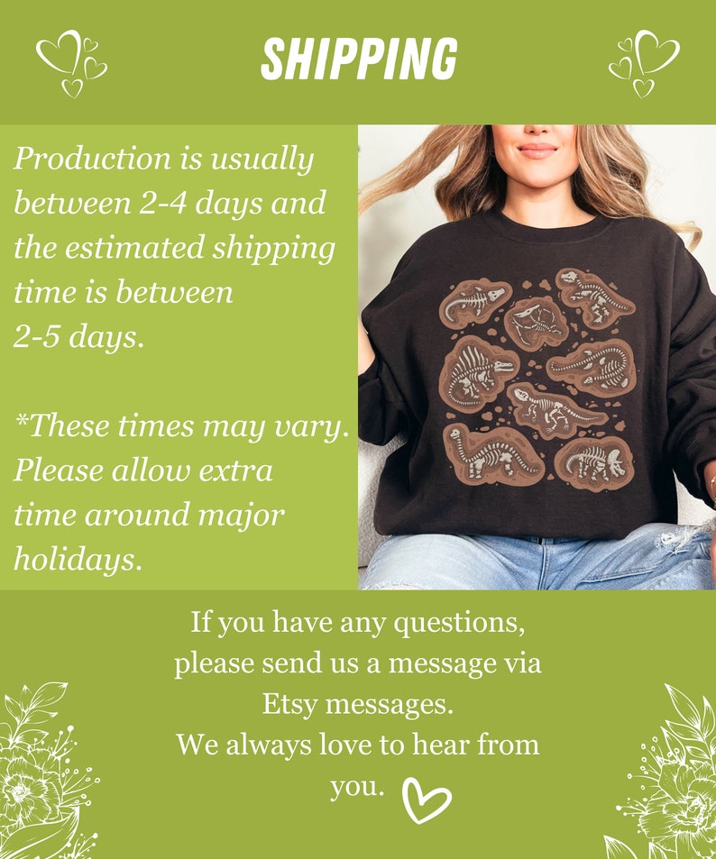 May include: A dark brown sweatshirt with a design of dinosaur fossils in light brown. The word "SHIPPING" is at the top of the image. The sweatshirt is worn by a person.