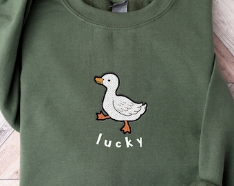 ラッキーダック スウェットシャツ | かわいいアヒル柄ジャンパー | アヒル刺繍入りスウェットシャツ | アヒル好きへのギフト | 面白い動物柄の服