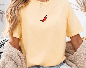Embroidered Chilli Pepper T Shirt | Minimal Spicy Tee | Cute Red Pepper Shirt