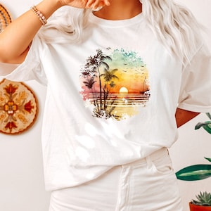 Sunset Beach T-Shirt, Retro Vintage T Shirt, Retro Tee, Summer Tee, Summer T Shirt, Handmade Clothing, T Shirt UK, Oversized T Shirt
