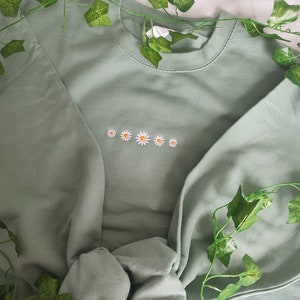 May include: A sage green sweatshirt with a row of embroidered white daisies.
