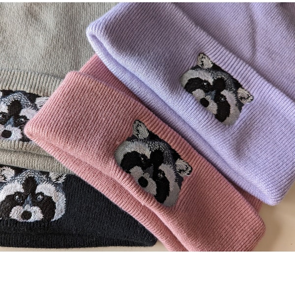 Embroidered Racoon Beanie, Bear Beanie, Simple Custom Embroidery, Cute Gifts, Knitted Hat, Animal Hat, Handmade Clothing, Bear Gifts