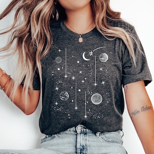 Celestial T-shirt, Celestial shirt, mystiek shirt, mystieke T-shirt, handgemaakte kleding, shirt boho maan en sterren, hemels T-shirt, handgemaakt