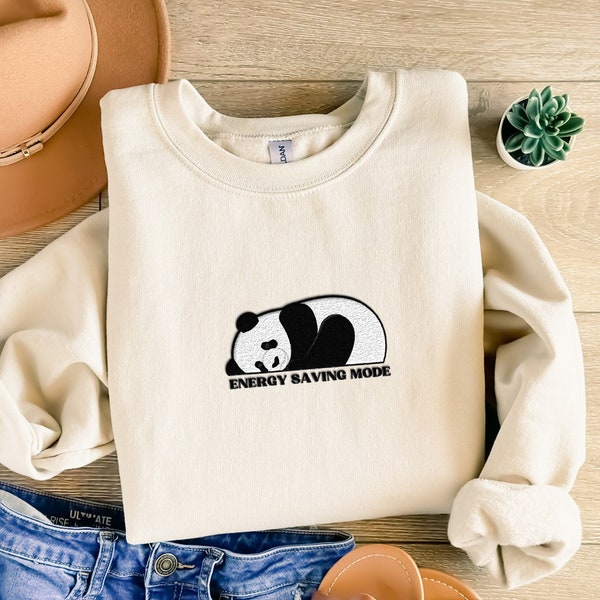 Embroidered Panda Sweatshirt, Energy Saving Mode, Cute Embroidered Animal Sweatshirt, Panda Gifts, Cute Gifts For Her, Day Off Sweatshirt