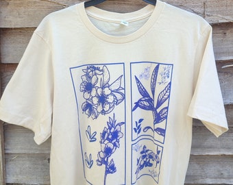 ブルーのボタニカルTシャツ｜花柄グラフィックTシャツ｜ヴィンテージ