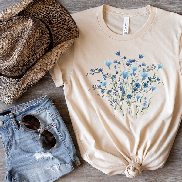 Women's Blue Wildflowers T-Shirt, Floral Shirt, Botanical Shirt, Cottagecore Clothing, Cottagecore Shirt, Fairycore, Floral T Shirt