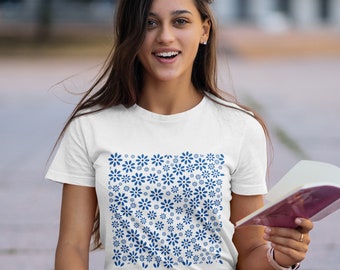 Women's  Blue Daisies T Shirt, Floral Shirt, Botanical Shirt, Cottagecore Clothing, Cottagecore Shirt, Fairycore Clothing, Floral T Shirt