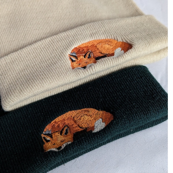 Embroidered Cute Fox Beanie, Cute Fox Gifts, Animal Beanie, Cute Animal Hat, Knitted Hat, Custom Embroidery, Handmade Clothing