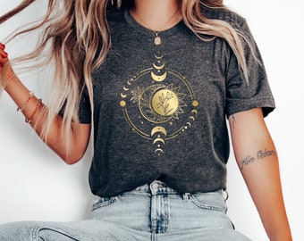 Gold Sun and Moon Floral T-Shirt, Mystical Shirt, Celestial Shirt, Mystical Shirt, Black And Gold Shirt, Boho Sun and Moon Shirt,  Handmade
